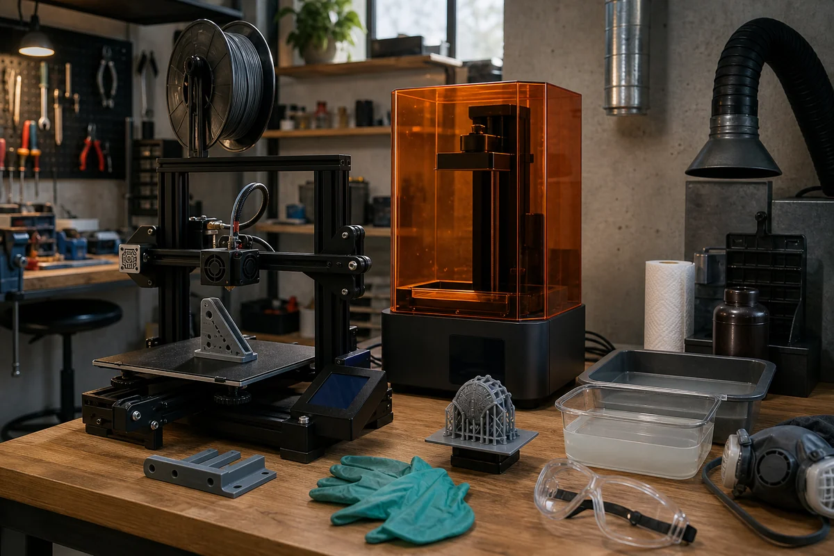 FDM- und Resin-Drucker arbeiten mit sichtbarer Schutz- und Nachbearbeitungsausrüstung.