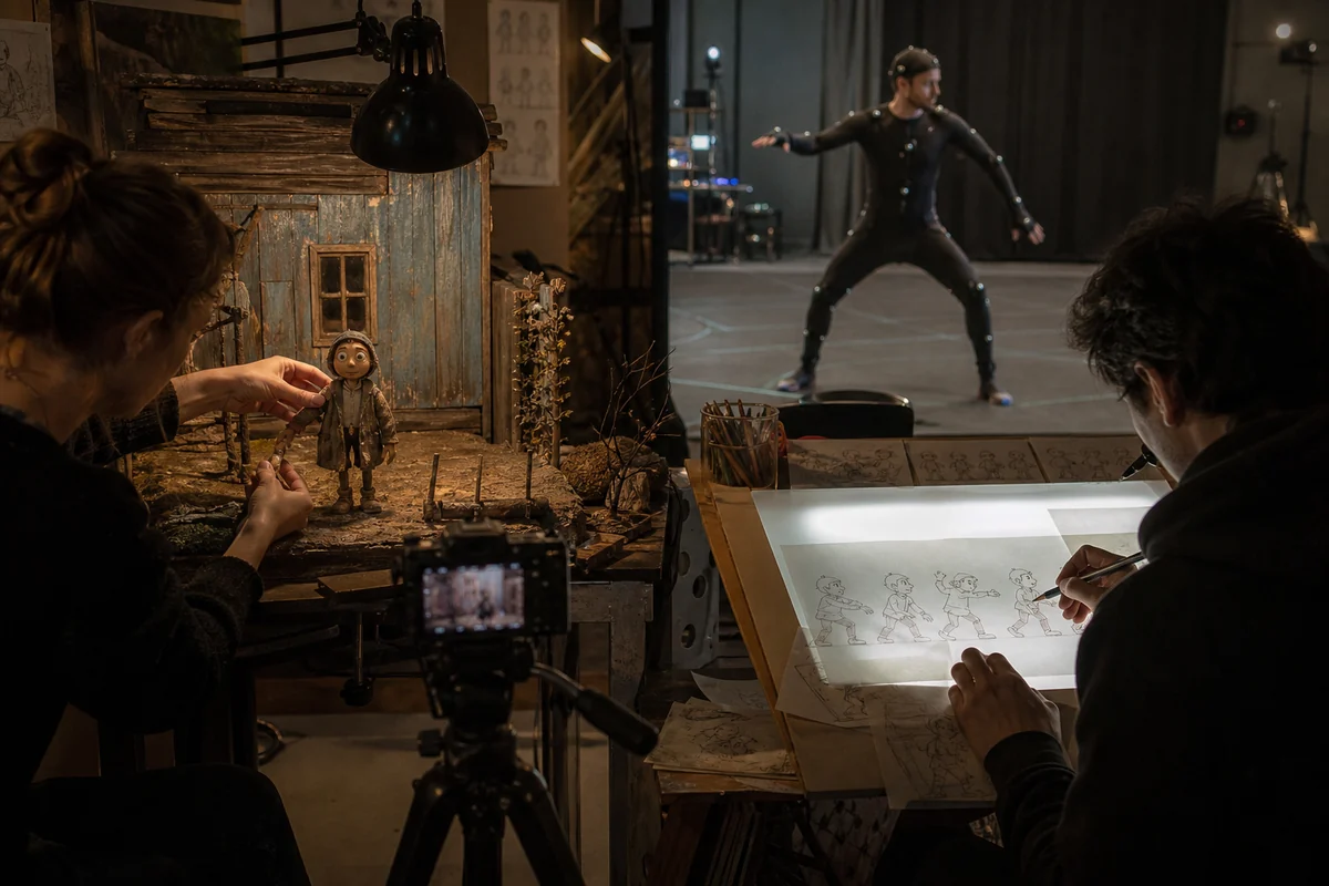 Stop-Motion, Zeichentrick und Motion Capture treffen in einem Animationsstudio zusammen.