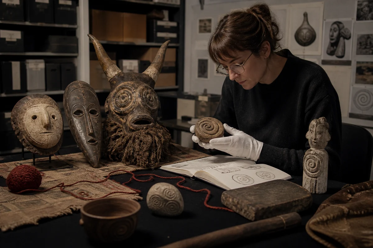 Eine Forscherin vergleicht wiederkehrende Motive und Masken auf einem Archivtisch.