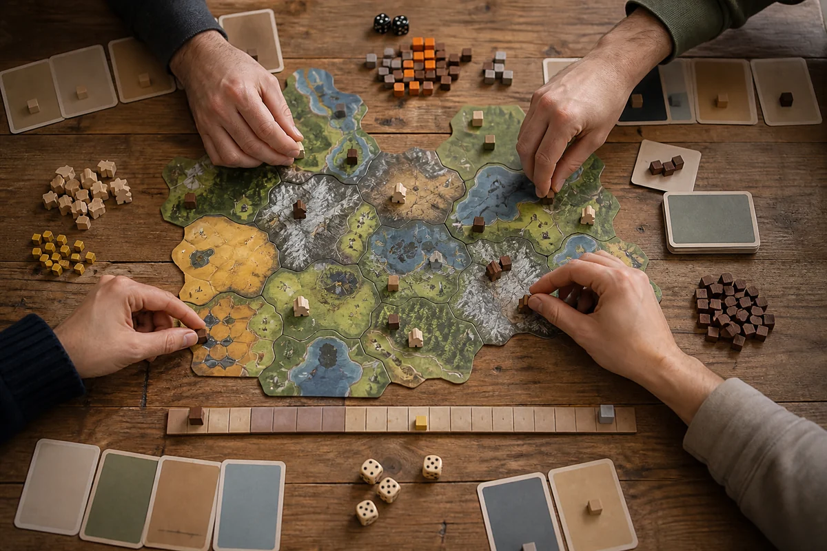 Hände testen verschiedene Mechaniken eines unbedruckten Brettspielprototyps.