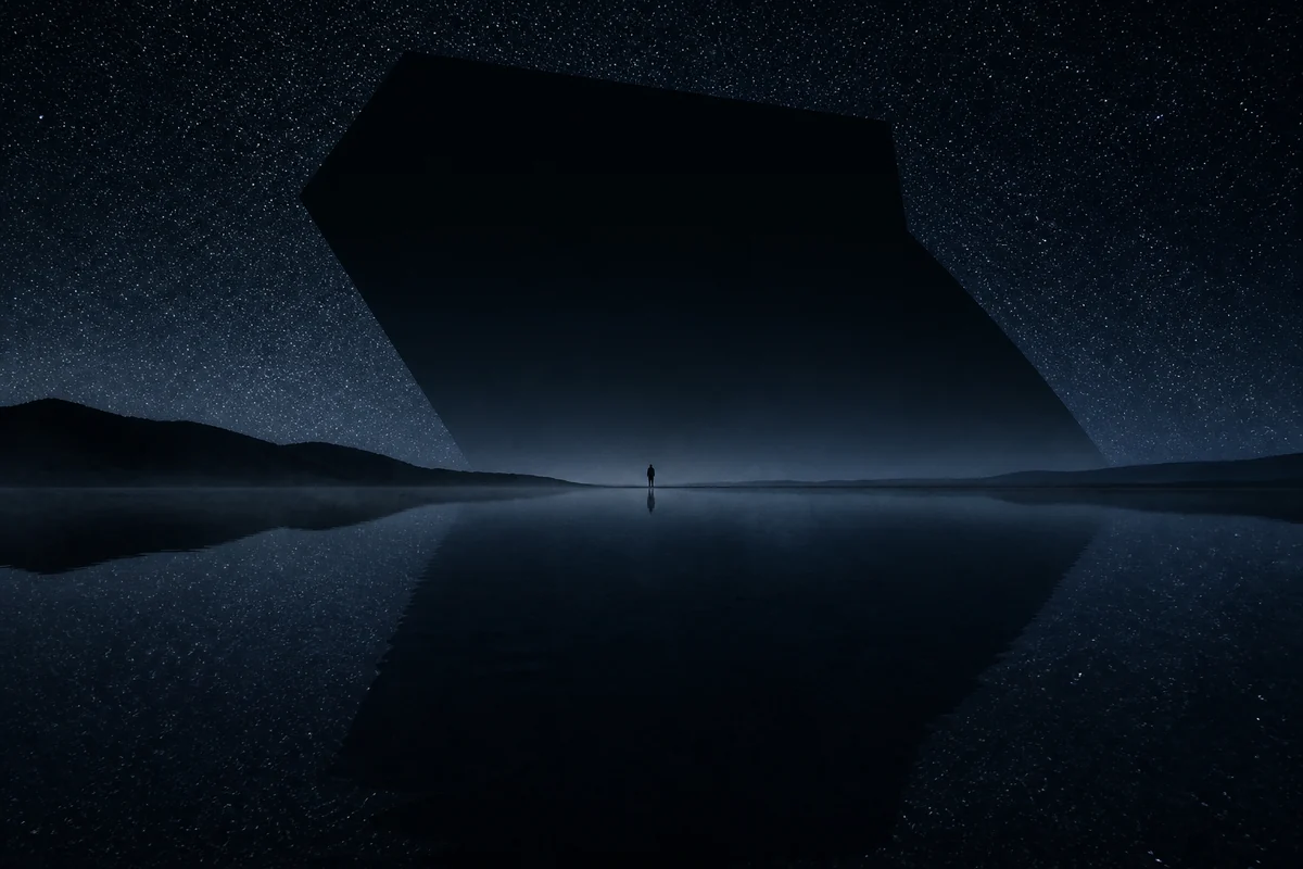 Eine winzige Person steht nachts an einem schwarzen See unter einer riesigen geometrischen Leerstelle im Sternenhimmel.