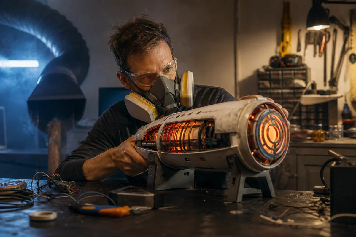 Ein Maker prüft einen selbstgebauten leuchtenden Cosplay-Prop mit Schutzausrüstung.