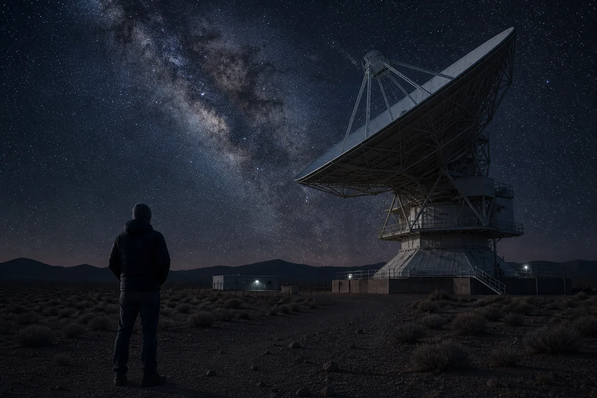 Eine Radioastronomin wartet unter dem Sternenhimmel vergeblich auf ein Signal.