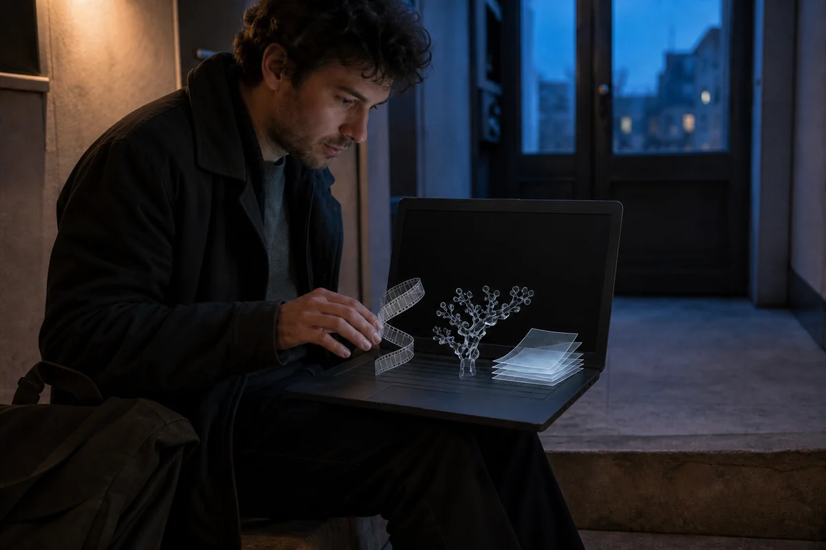 Ein Erwachsener wählt auf einer Flurstufe am blanken Laptop ein transparentes Filmband zwischen drei abstrakten Softwarewegen.