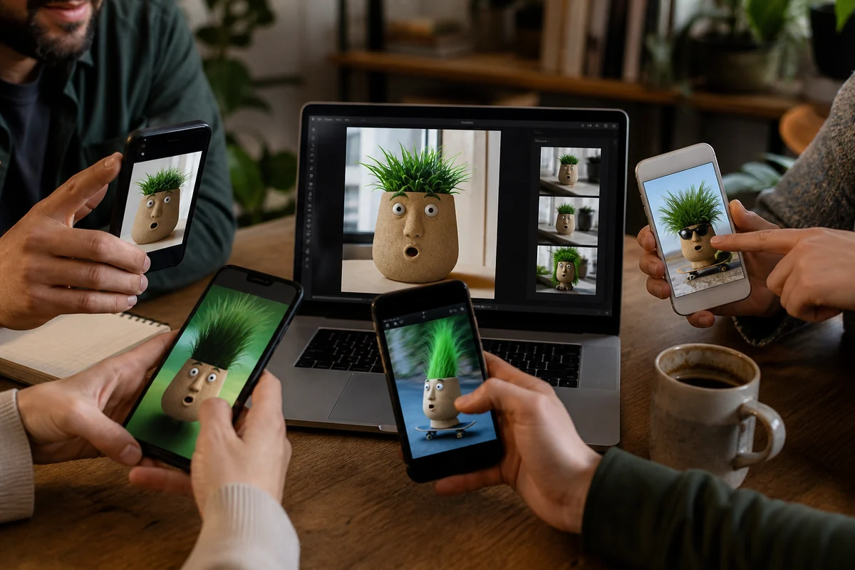 Ein ursprüngliches Fotomotiv verändert sich beim Weitergeben und Remixen auf mehreren Geräten.