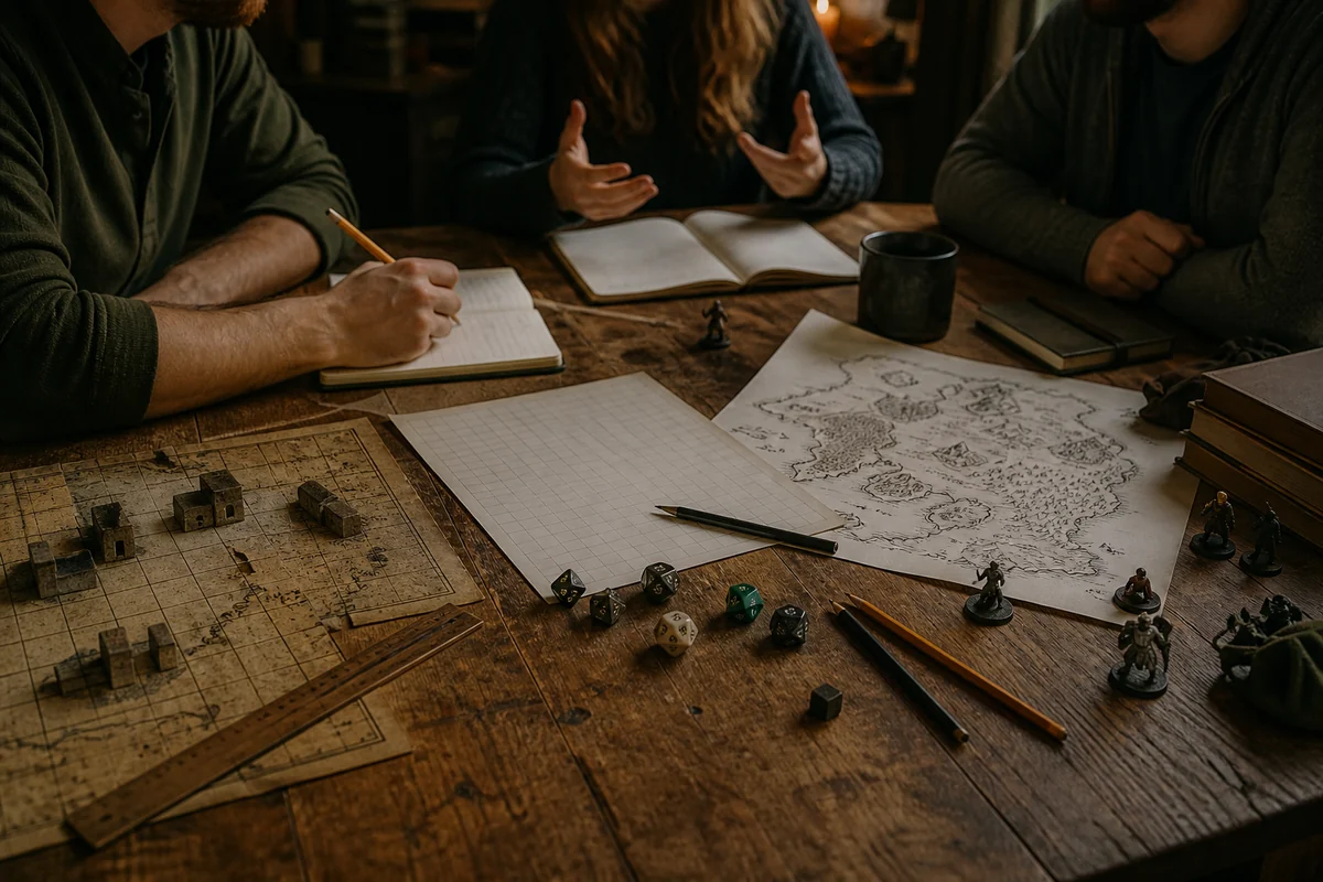 Kriegsspielmaterial geht auf einem Tisch in eine Pen-and-Paper-Runde über.