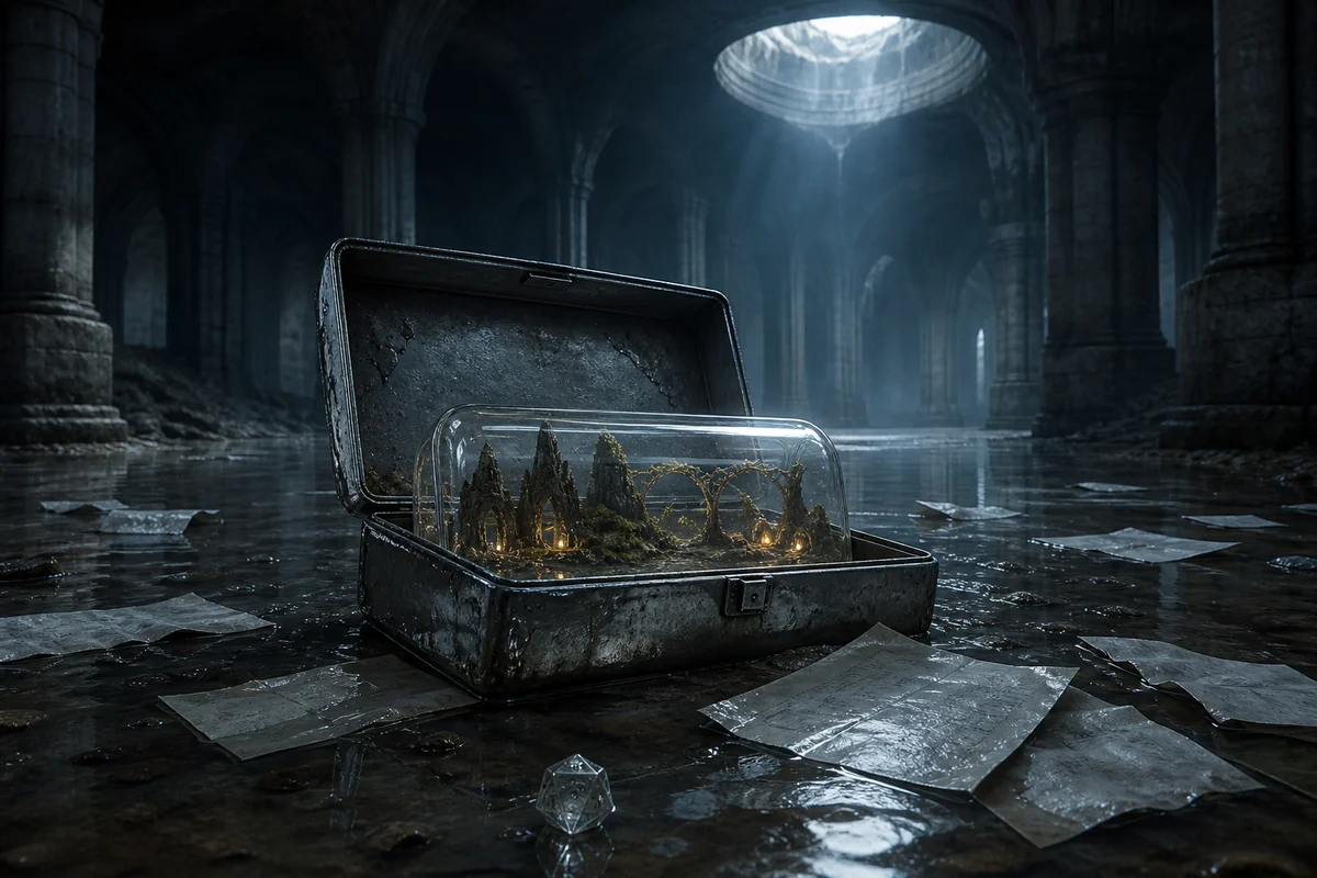 Ein geöffneter Metallbehälter liegt nach einem Wasserschaden in einer leeren Archivhalle; sein trockener transparenter Kern bewahrt eine kleine originäre Fantasielandschaft.
