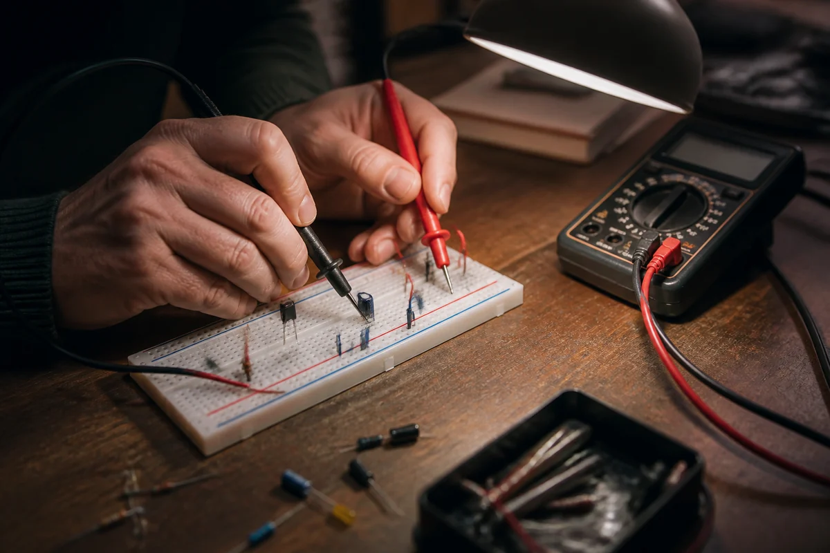 Hände messen eine übersichtliche Schaltung aus grundlegenden Elektronikbauteilen.