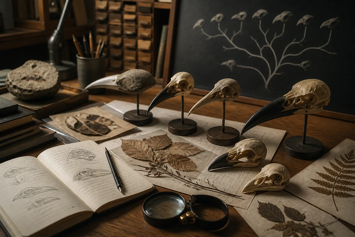 Fossilien, Schnabelformen und eine Verzweigung veranschaulichen Evolution und Verwandtschaft.