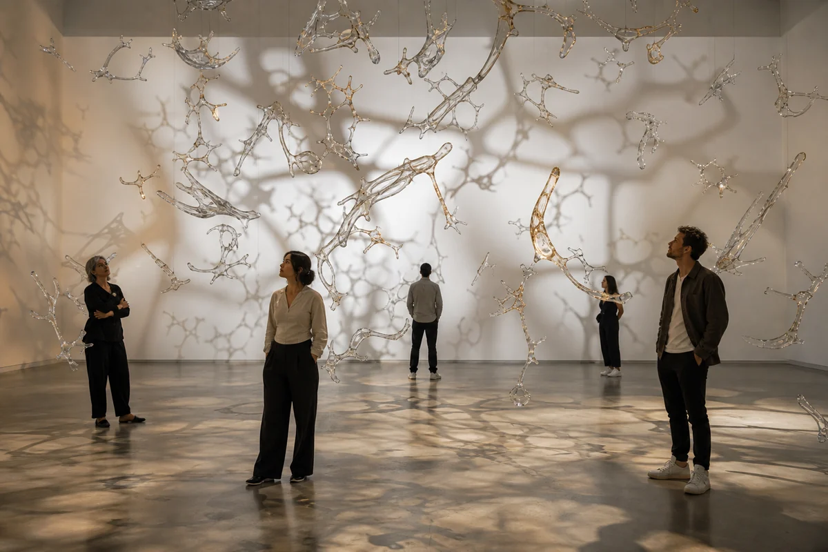 Museumsbesucher stehen zwischen abstrakten Glasformen, deren Lichtschatten sich zu vielen verzweigten Wegen verbinden.
