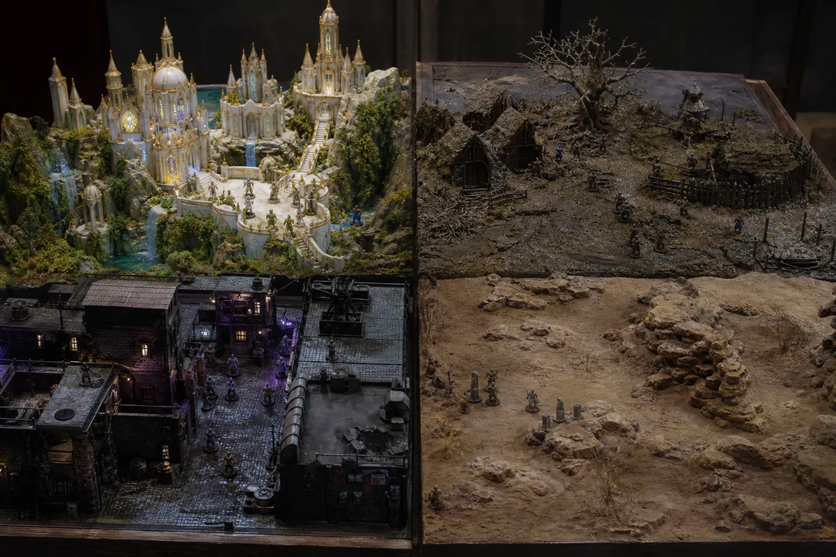 Vier detailreiche Dioramen stellen unterschiedliche Fantasy-Subgenres gegenüber.