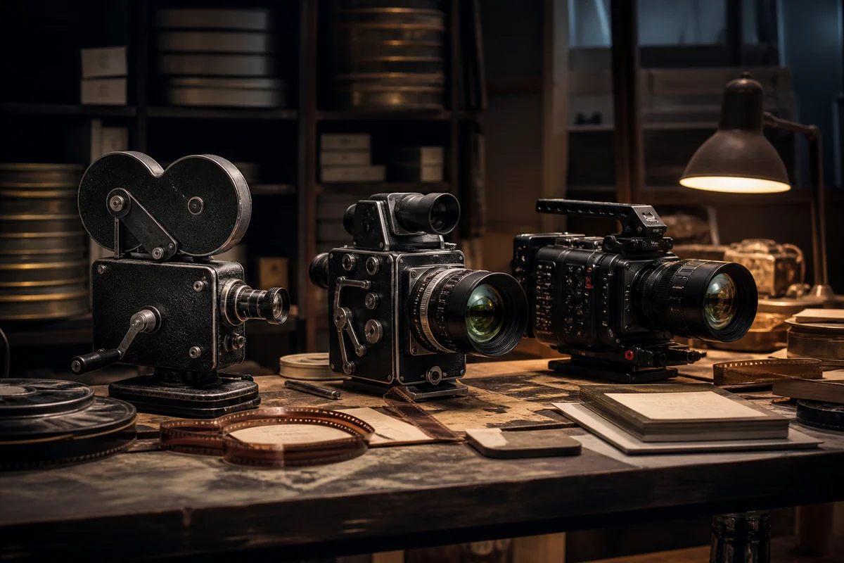 Drei Generationen von Filmkameras stehen gemeinsam auf einem Archivtisch.
