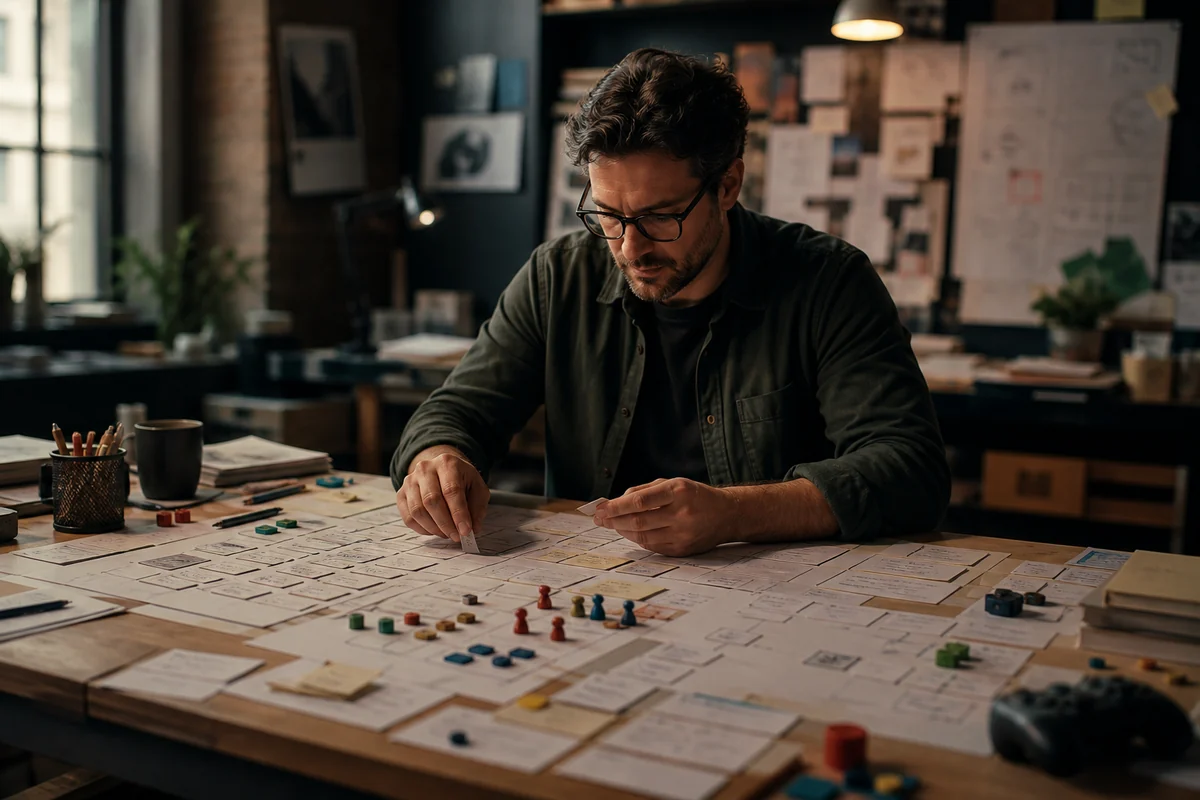 Ein Game Designer prüft einen Papierprototyp zwischen Regeln und Ablaufskizzen.