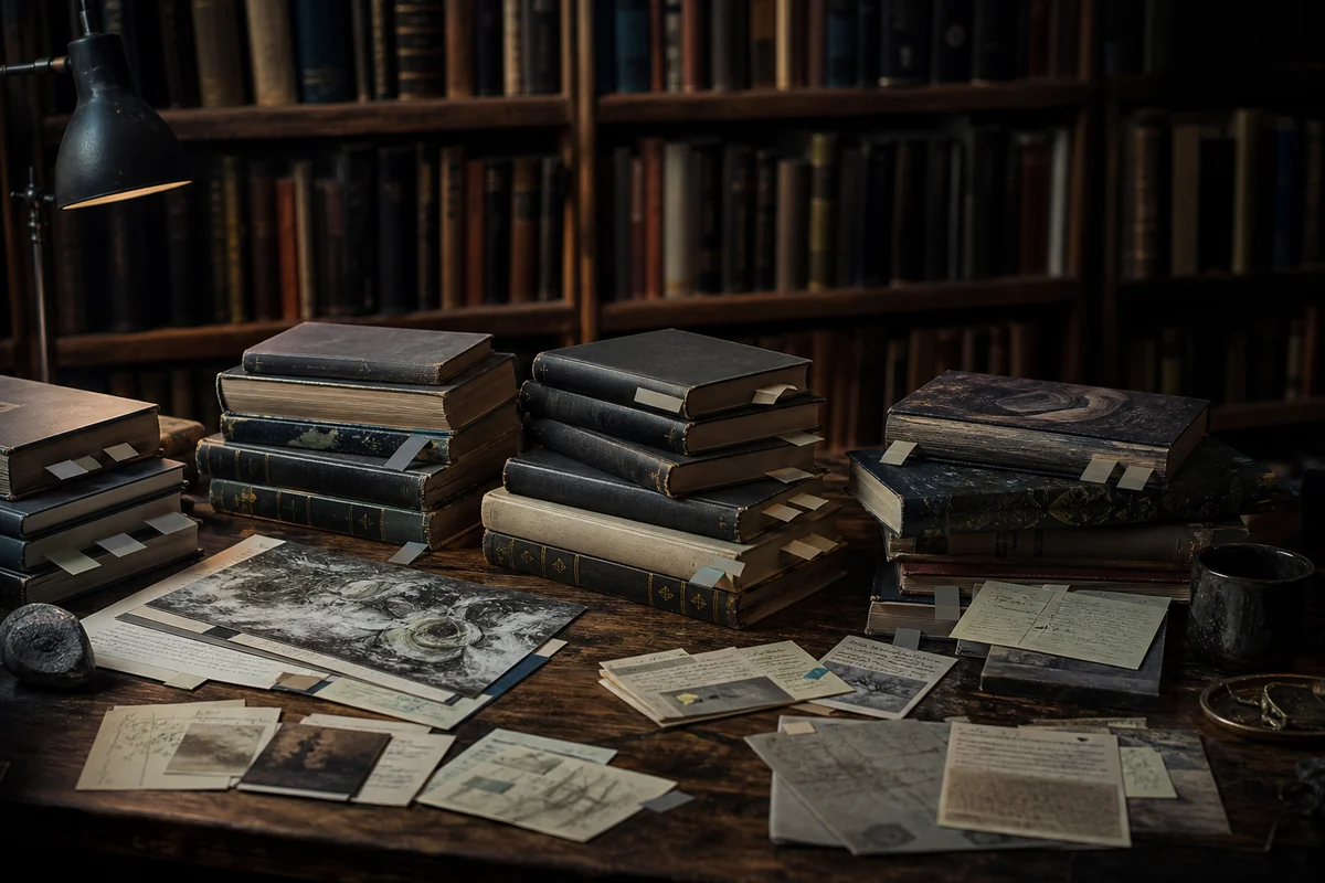 Bücher und Karteikarten markieren überlappende Grenzen fantastischer Genres.