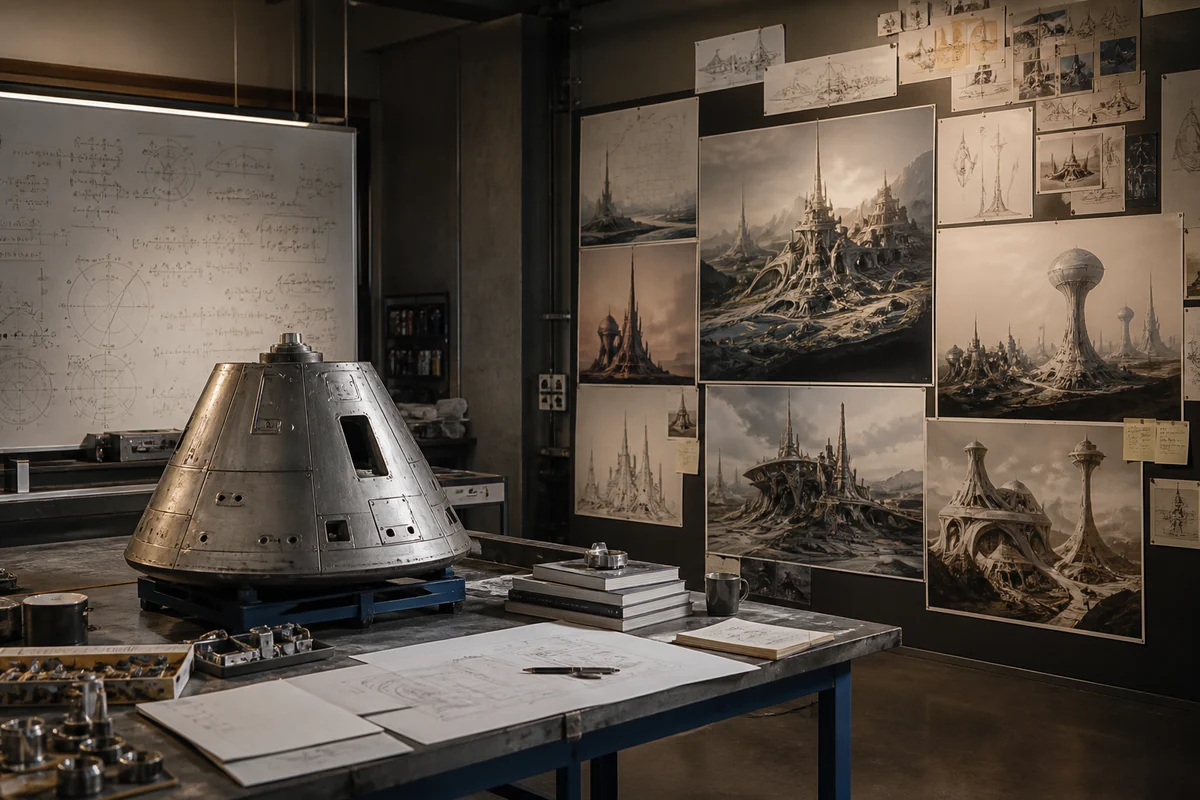 Plausible Raumfahrttechnik und freie Zukunftsvision stehen in einem Studio nebeneinander.