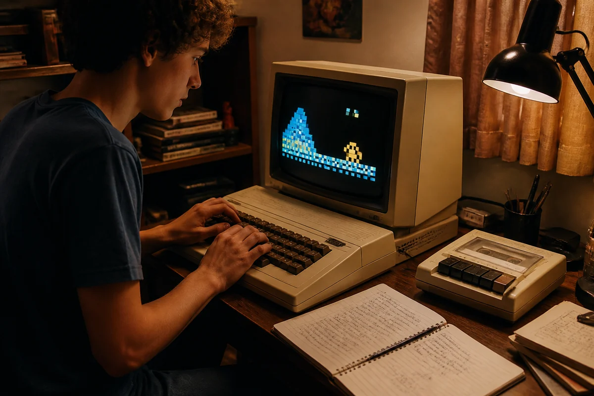 Ein Jugendlicher programmiert an einem generischen 8-Bit-Heimcomputer der frühen Achtziger.