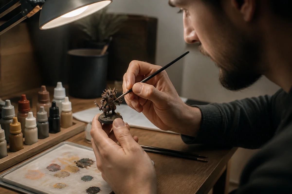 Eine Miniatur wird mit feinem Pinsel, Nasspalette und geordnetem Material bemalt.
