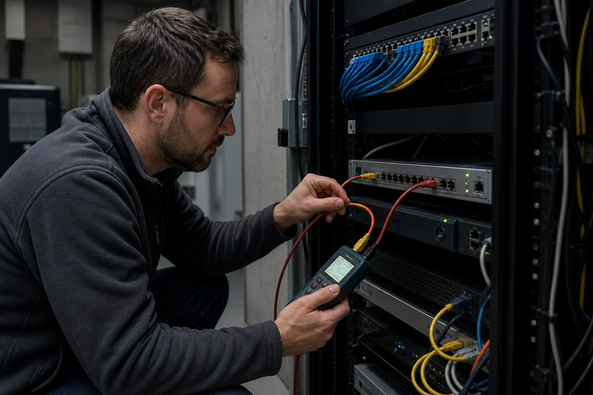 Ein Techniker verfolgt Netzwerkverbindungen durch Switch und Sicherheitsgerät.