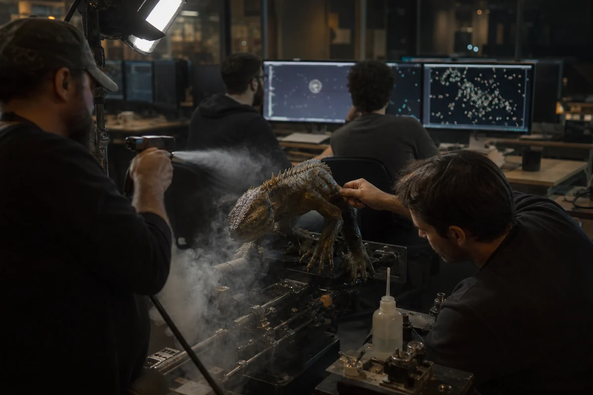 Praktische Miniatureffekte und digitale Nachbearbeitung arbeiten am selben Filmset zusammen.