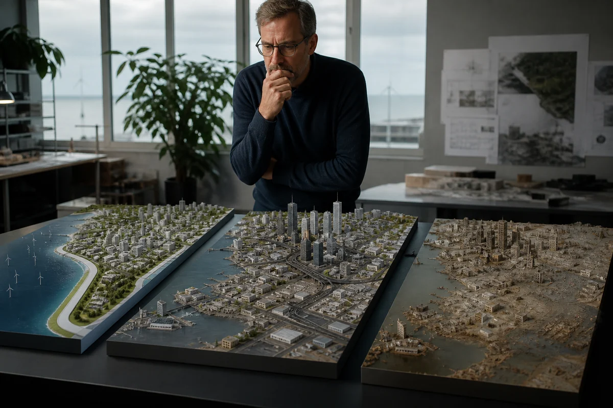 Drei Stadtmodelle zeigen unterschiedliche mögliche Zukünfte desselben Ortes.