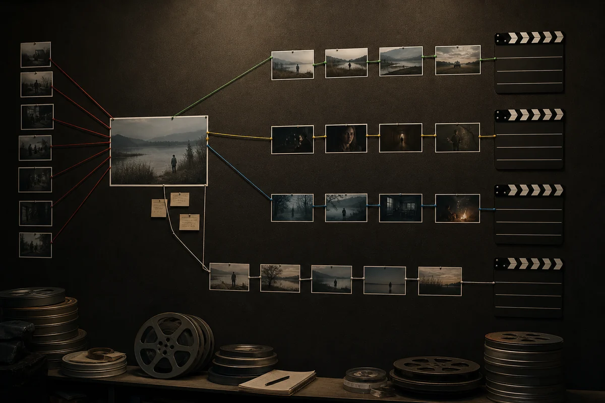 Eine verzweigte Produktionswand visualisiert Fortsetzung, Neuverfilmung und Neustart.