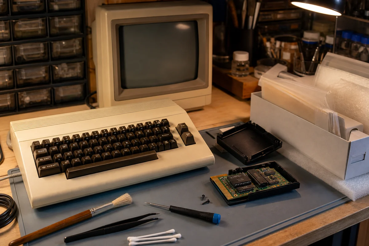 Historische Computerhardware liegt zur Erhaltung geöffnet auf einer Werkbank.