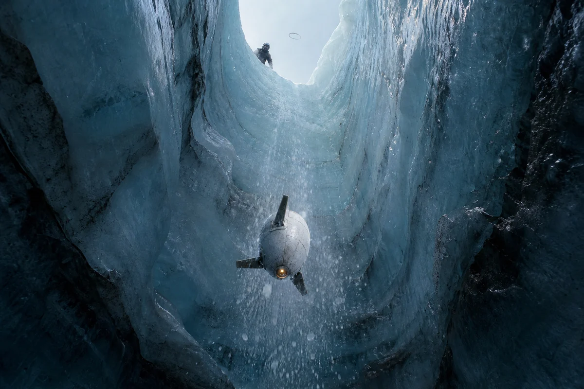 Eine kleine originäre Sonde fällt in einen blauen Eisschacht, während eine Feldforscherin an der Kante und ein dünner Ringbeobachter weit oben bleiben.