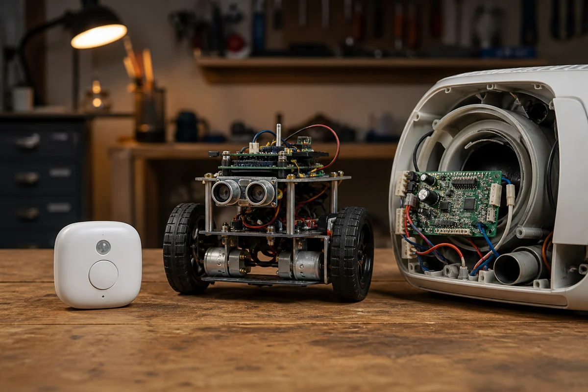 Smart-Sensor, kleiner Roboter und eingebettete Steuerung liegen auf einer Werkbank.