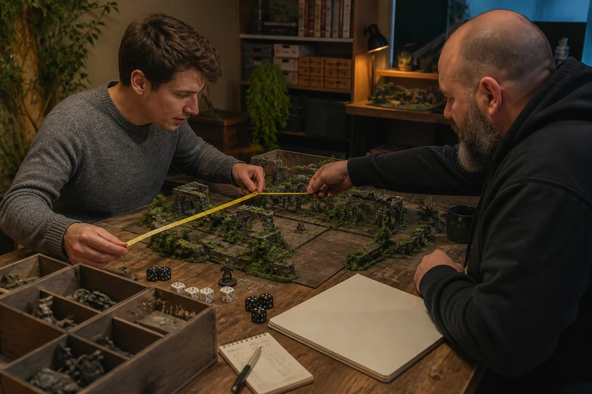 Zwei Hobbyspieler lernen Regeln und Bewegung eines Tabletop-Systems kennen.