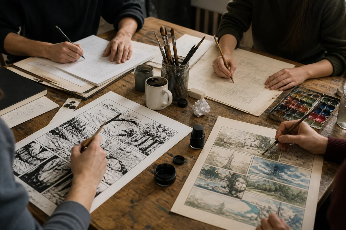 Vier kreative Arbeitsschritte greifen bei der Entstehung einer Comicseite ineinander.