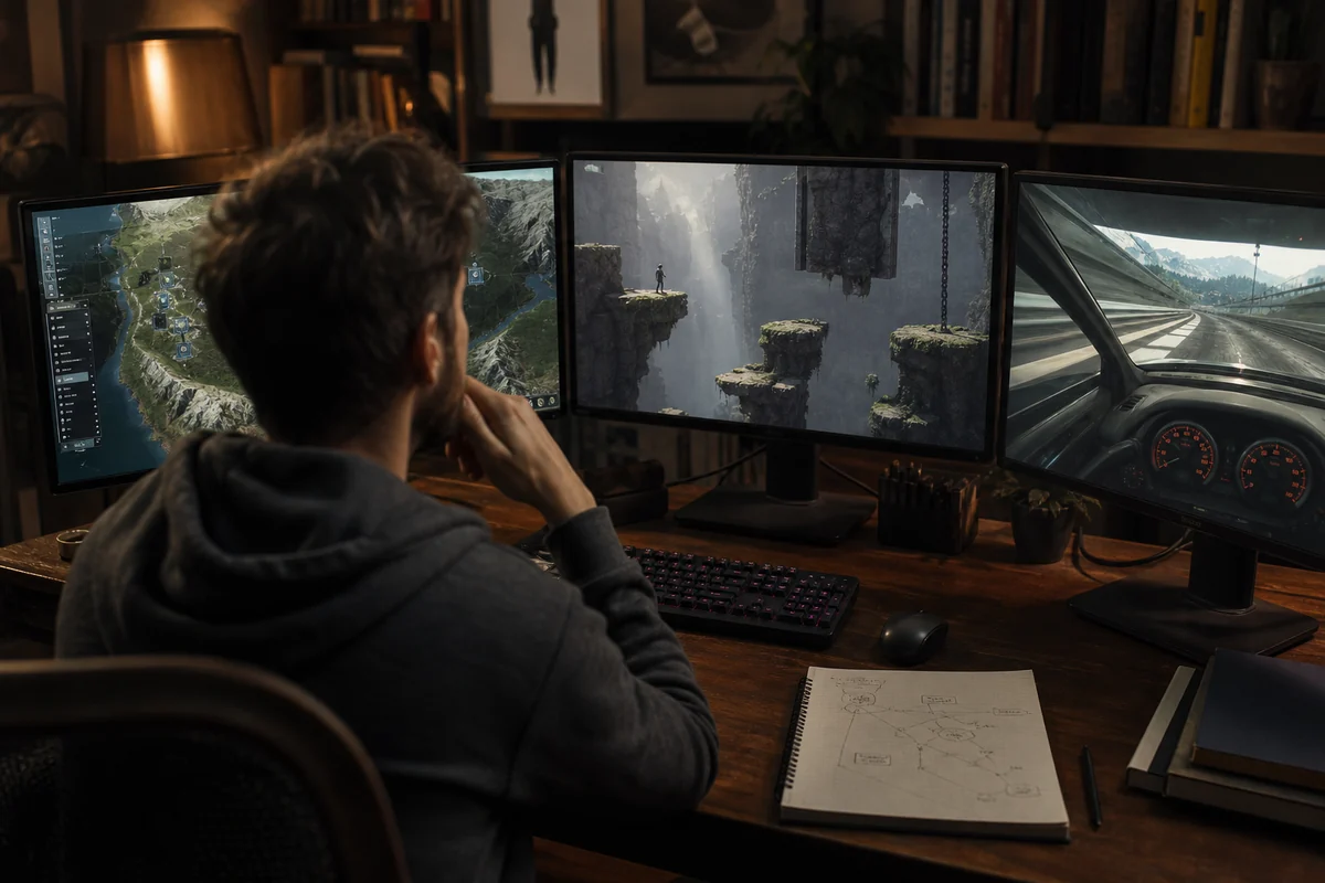 Ein Gamer vergleicht drei unterschiedliche Spielprinzipien auf neutralen Monitoren.