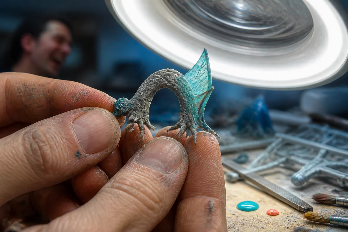 Farbverschmierte Fingerspitzen drehen unter einer Lupenlampe eine kleine originäre Fantasyskulptur mit steinernem Bogen und Mineralflügel.