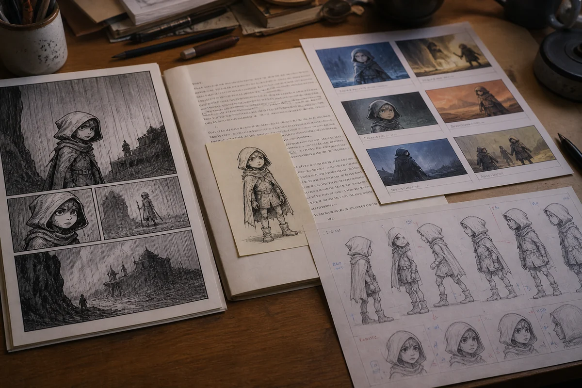 Manga-Seite, Prosavorlage, Storyboard und Animationsbild zeigen denselben Stoff verschieden.