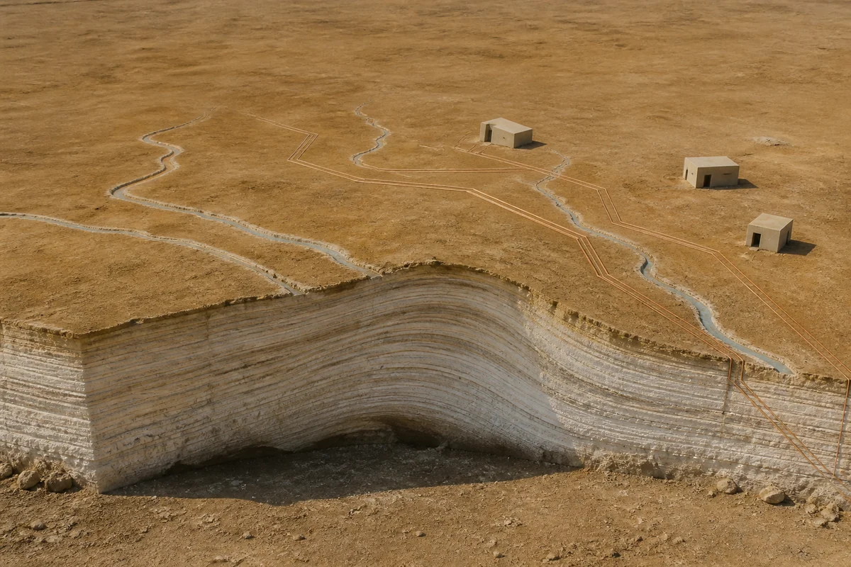 Ein unsichtbarer Körper unter einer trockenen Modelllandschaft verschiebt Wasserläufe, Häuser und Leitungen.