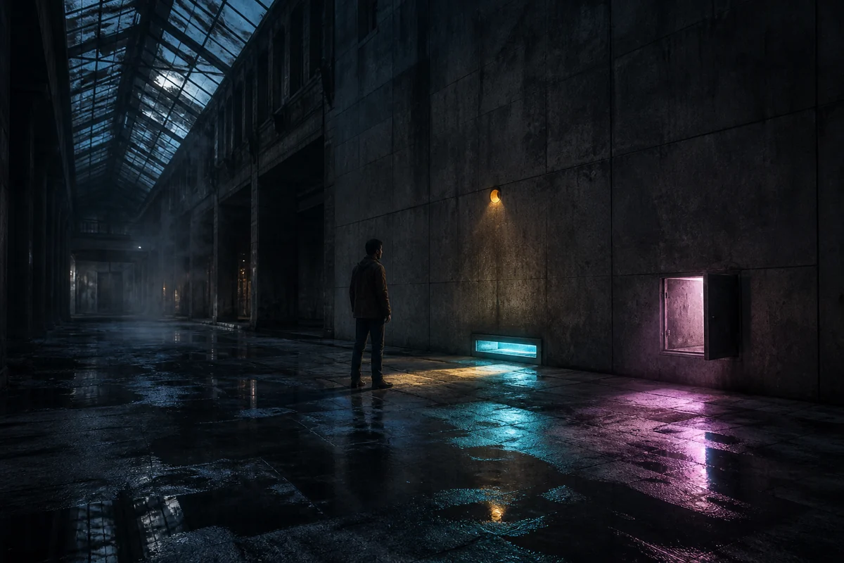 Eine einzelne Person hält nachts in einer nassen leeren Passage vor drei verschieden geformten Lichtöffnungen in einer dunklen Wand inne.