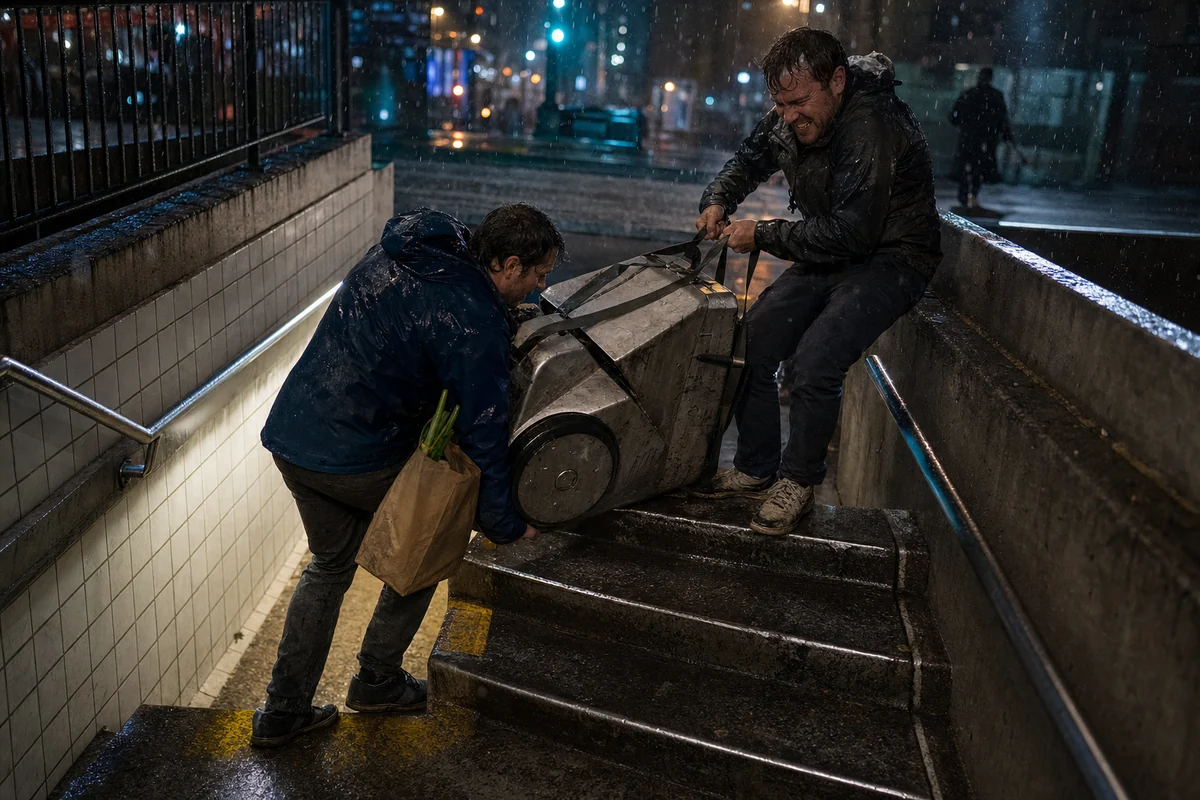Zwei Erwachsene schleppen im Regen ein gebrauchtes originäres Technikgerät und eine Einkaufstasche eine U-Bahn-Treppe hinauf.