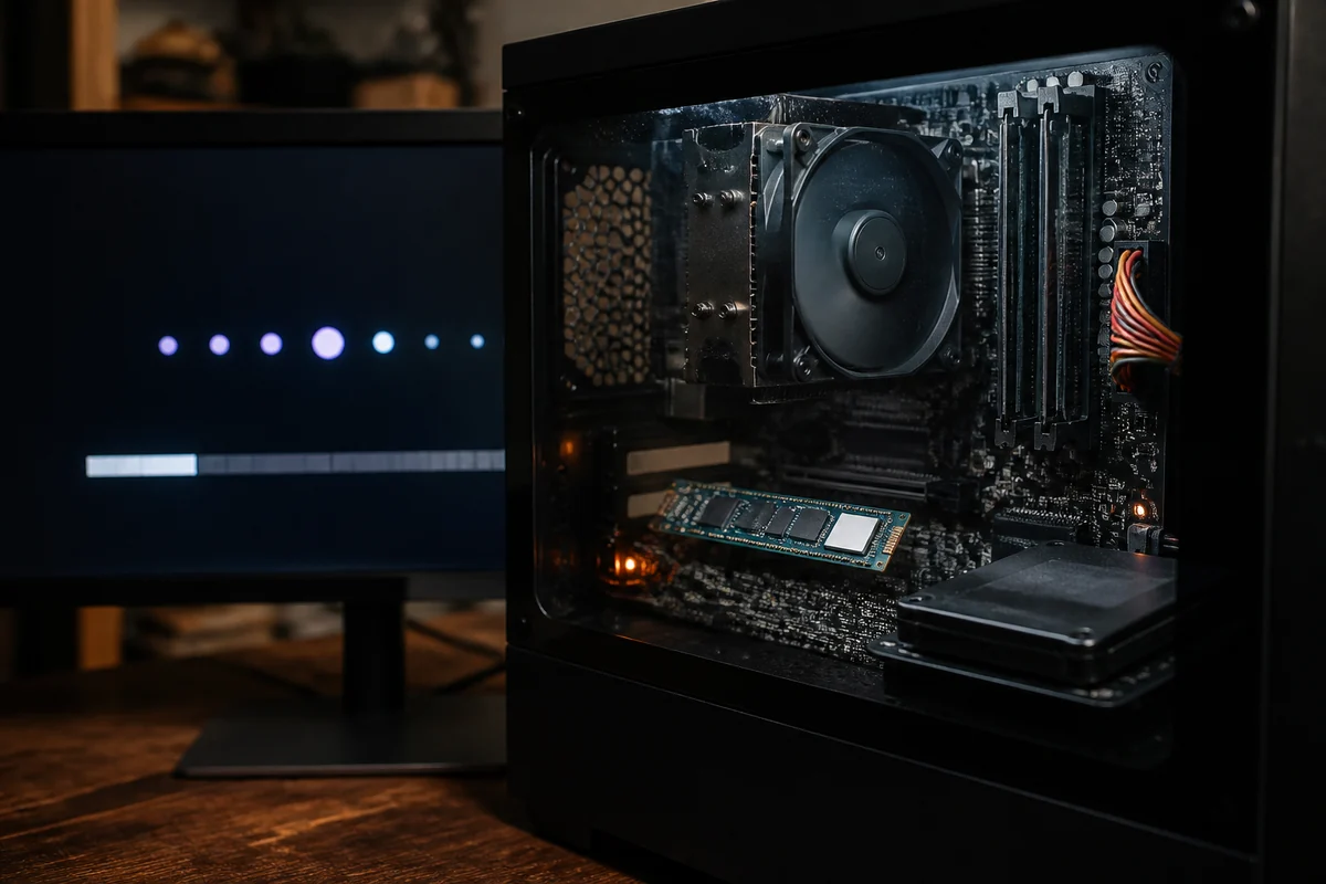 Ein geöffneter Computer zeigt die Hardwarestationen vom Firmwarestart bis zum System.