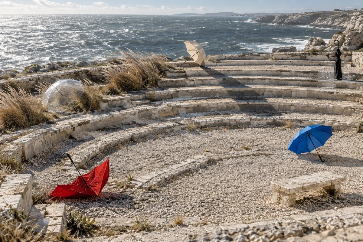 Fünf sehr verschieden gezeichnete Regenschirme liegen und stehen nach einem unsichtbaren Ereignis weit verteilt in einem hellen windigen Küsten-Amphitheater.