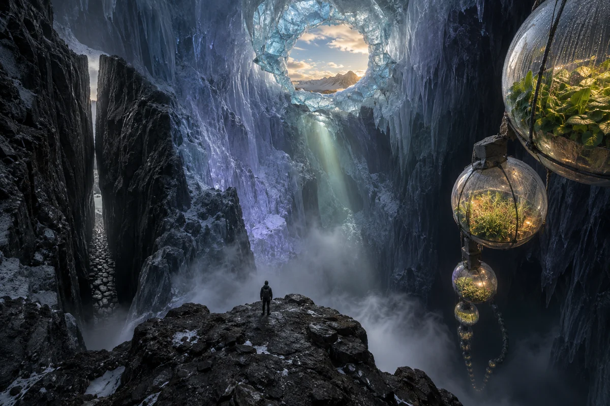 Eine einzelne Person steht tief in einer dunklen Eiskaverne zwischen einer gestauchten Basaltschlucht, einem Ring mit fremdem Himmel und einer langen Kette leerer Pflanzenkammern.