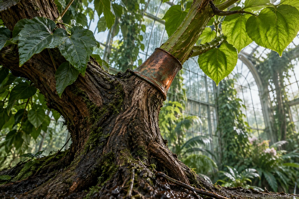 Ein lebender Rankstamm teilt sich im fiktiven Gewächshaus an einer schmalen Kupferhülse in zwei verschieden belaubte Triebe.